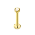 Dettaglio macro del labret dorato 16G con pietra gialla incastonata a 4 griffe su bianco - Zirconia Oro - Barra Oro
