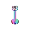 Vista macro di labret arcobaleno 16G con zircone trasparente incastonato a quattro griffe - Zirconia Arcobaleno - Barra Arcobaleno