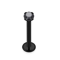 Dettaglio del piercing labret in acciaio nero con zircone incastonato a quattro punte - Zirconia Nera - Barra Nera