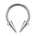 Macro view of polished stainless steel horseshoe piercing with sharp cone ends - Double Spike Style / Silver