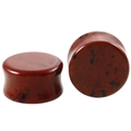 Detail of double flare ear plugs with red and black obsidian stone texture and polished finish - Jasper-B