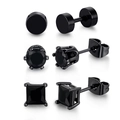 Set of 3 black stainless steel stud earrings with round and square zircon stones - Black Geometric Collection