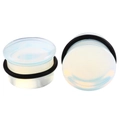 Macro detail of opal stone ear plugs with black rubber O-rings and iridescent finish - 6mm (2 Pieces/Pack) / Opal-A