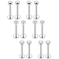 12-piece set of silver stainless steel labret studs with crystal and ball tops - 6mm / Ball And Zirconia Stud Set