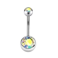 Piercing para el ombligo de acero plateado con cristales de arco iris AB brillantes - 1.6x10x5-8mm / Estilo de Bola de Cristal Iridiscente (Estilo-5)