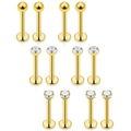 Lot de 12 labrets en acier inoxydable doré avec boules et oxydes de zirconium ronds - Combinaison Boule Clos Griffes Incrustée / 6mm