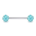 Detail view of 14G stainless steel piercing bar with light blue shimmering crystal balls - US 12 / Silver Bar + Blue Stones