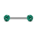 Macro detail of stainless steel barbell piercing with sparkling green crystal balls - US 12