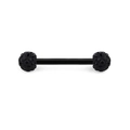 Close-up of black stainless steel barbell piercing with faceted Shamballa style spheres - US 12