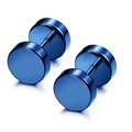 Close-up of blue stainless steel round disc stud earring with polished metallic finish - Barbell Stud Earrings / Blue