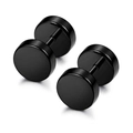 Polished black stainless steel dumbbell stud earrings in a minimalist round disk design - Barbell Stud Earrings / Black