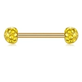 Macro shot of 14G gold stainless steel barbell piercing with sparkling yellow crystals - US 12 / Gold Bar + Golden Yellow Stones