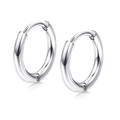 Polished silver stainless steel hoop earrings with hinged huggie clasp on white surface - Thin Hoop Earrings / Silver