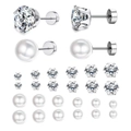 12 pairs of silver stud earrings set with crystal zircons and white pearls in various sizes - Tools Set Combo