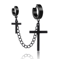 Vue détaillée des boucles d'oreilles punk noir mat en acier avec croix et chaîne longue - Double Piercing d'Oreille Chaîne Croix (Style-16) / Noir