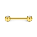 Détail d'un piercing barbell doré avec finition polie et incrustation de zircon clair - Style Boule Zircone Unique