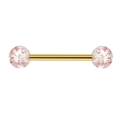 Détail d'un piercing en acier inoxydable doré avec boules à paillettes roses pour la langue - Style Boule Pailletée Rose