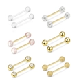 Set de 12 piercings de langue en acier doré avec boules en acrylique et paillettes - Combinaison de Styles Mixtes