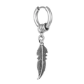 Macro shot of silver stainless steel earring featuring a detailed feather pendant and hoop - Silver Style 4