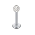 Macro detail of stainless steel labret stud with crystal pavé ball and flat disc base - 6mm