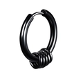 Close-up of black stainless steel hoop earrings with five movable dangling small rings - Black Style 1