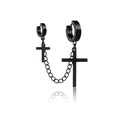 Black stainless steel hoop earrings with connecting chain and double cross pendants - Double Hoop Linked Cross (Style 46)