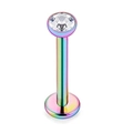 Dettaglio del piercing labret arcobaleno con intarsio in cristallo scintillante - Stile Zirconia Filettatura Interna Arcobaleno