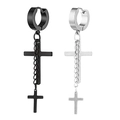 Dettaglio di orecchini a croce in acciaio inossidabile nero e argento con catena - Stile Doppia Croce Catena Lunga (Stile-19) / Argento