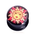 Détail de l'écarteur avec motif soleil céleste aux tons vifs de rouge et d'orange - Style Motif Soleil Anthropomorphe
