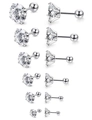 Set mit 6 Paar silbernen Zirkonia-Ohrsteckern mit 4-Krallen-Fassung und Schraubverschluss - Schraubkugel Verschluss Stil / 3mm / Silber