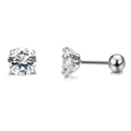 Détail de boucles d'oreilles en zircone ronde à 4 griffes avec fermoir à bille vissé - Argent (Zircone Blanche) / 2.0mm