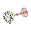 Clou d'oreille en acier arc-en-ciel avec serti 4 griffes et pierre de zircone claire - Coloré
