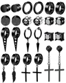 Set of 12 pairs stainless steel clip-on earrings with cross, feather, and zircon studs - Punk Style Collection