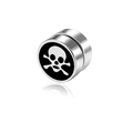Detailed view of silver magnetic stud earring with a black skull and crossbones motif - Silver Skull Magnetic Stud
