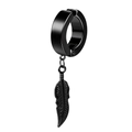 Detail of a black clip-on earring featuring a dangling feather pendant made of steel - Black Feather Pendant Ear Clip