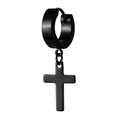 Detail of matte black stainless steel hoop earring with a minimalist cross pendant charm - Black Minimalist Cross Dangle Earring