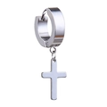 Polished stainless steel hoop earring with dangling cross pendant for unisex style - Silver Minimalist Cross Dangle Earring