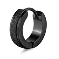 Detail view of black stainless steel huggie earring with sandblasted frosted texture finish - Frosted Sandblasted Black Hoop