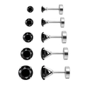 Set di 5 paia di orecchini con zircone nero in acciaio inossidabile 316L e retro piatto - Dimensione Molto Piccola / Nero