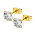 Dettaglio di orecchini a lobo dorati a 4 griffe con zirconi su uno sfondo bianco - Stile Zirconia a Quattro Rebbio / Oro / 2mm