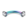 Macro shot of rainbow stainless steel curved eyebrow ring with 3mm zircon claw setting - US 6 / Colorful