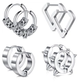 Set of four silver stainless steel hoop earrings featuring dragon patterns and punk spikes - Combination Style Set (HUN168805133) / Silver