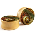 Double flare wood ear plugs featuring colorful fractal geometric tree patterns - Fractal Tree Style / 8mm
