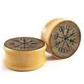 Wood ear plugs with Viking Vegvisir compass engraving, double flare wooden flesh tunnels - Viking Compass Style / 8mm