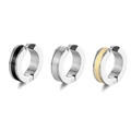 Detailed view of stainless steel hinged clip-on earrings in black, silver and gold finishes - Hinged Round Huggie Ear Clip