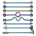 Detailed set of 8 rainbow surgical steel industrial barbells with unique twisted designs - Rainbow Industrial Barbell Set / 14G 1.6x38mm