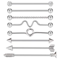 8-piece industrial barbell set in stainless steel featuring diverse ends and twist designs - Silver Tone Industrial Barbell Set / 14G 1.6x38mm