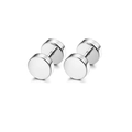 Vue détaillée de deux boucles d'oreilles haltères en acier inoxydable poli argenté - Acier