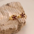 18K gold-plated stainless steel flower huggie earrings with red cubic zirconia - Red