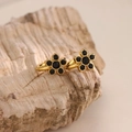 Elegant 18K gold plated flower huggie earrings with black zircon stones and five petals - Black